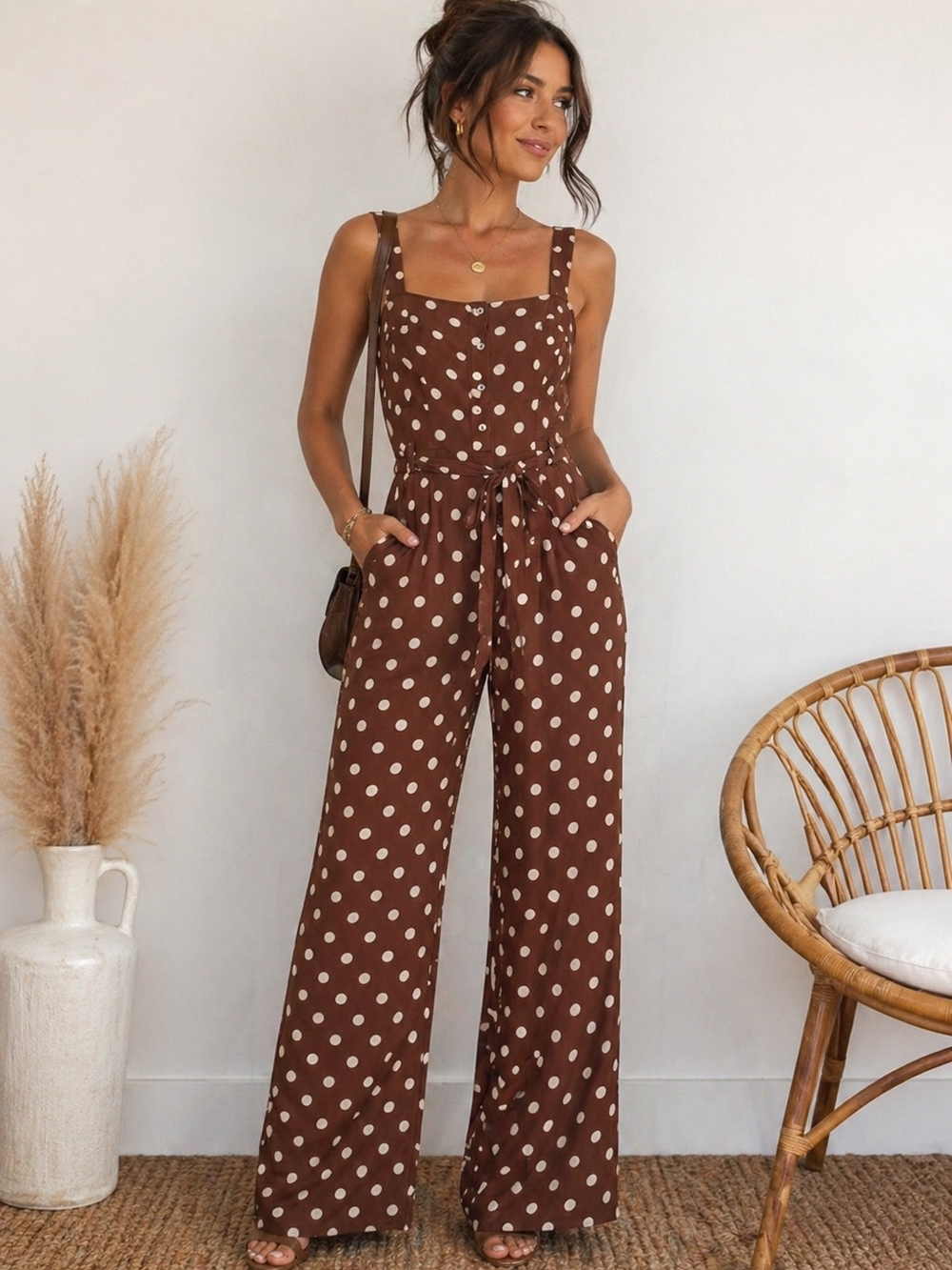 Brown Polka Dot Jumpsuit XS Tie Waist Wide Leg Derby Brunch Spring DR2